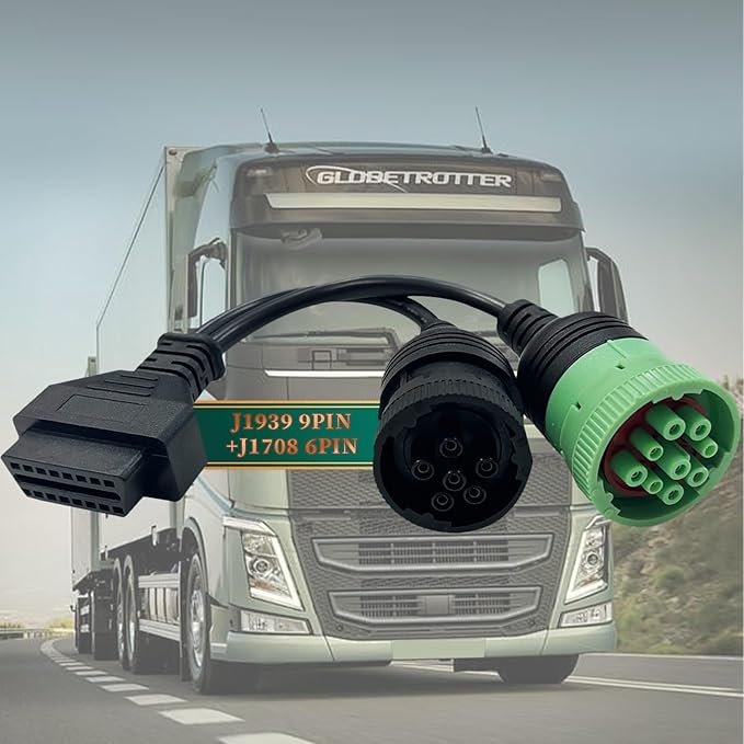 OBD to Type 2 Green 9pin J1939 and 6pin J1708 Split Y Cable for Diesel Truck Diagnostics Adapter, 2-in-1 J1708 6Pin&j1939 9Pin OBD2 Cable Connector Fit for Heavy Duty Truck,Work with Truck scanner