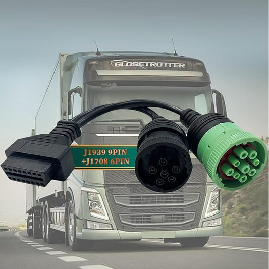 OBD to Type 2 Green 9pin J1939 and 6pin J1708 Split Y Cable for Diesel Truck Diagnostics Adapter, 2-in-1 J1708 6Pin&j1939 9Pin OBD2 Cable Connector Fit for Heavy Duty Truck,Work with Truck scanner