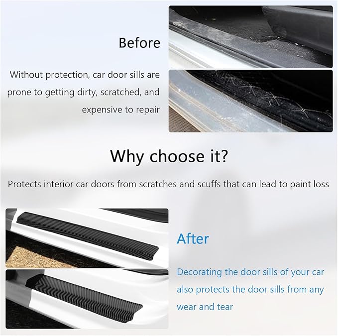 Dickno 4 PCS Car Door Sill Protector, 5D Carbon Fiber Auto Door Entry Edge Guard Protection Trim, Anti-Scratch Threshold Cover Strips, Sill Protection Sticker for Car SUV Truck (Black)