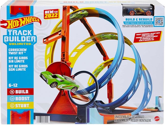 Hot Wheels Toy Car Track Set, Track Builder Unlimited Corkscrew Twist Kit Playset & 1:64 Scale Vehicle, 2 Ways to Race, Connects to Other Tracks