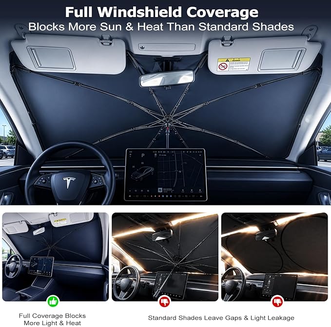 2026 Upgraded DooGooCoo Windshield Sun Shade Umbrella for Car, Reinforced Frame, UV Block Heat Shield, Keeps Interior Cooler, Foldable Front Windshield Cover, Large (61"x35")