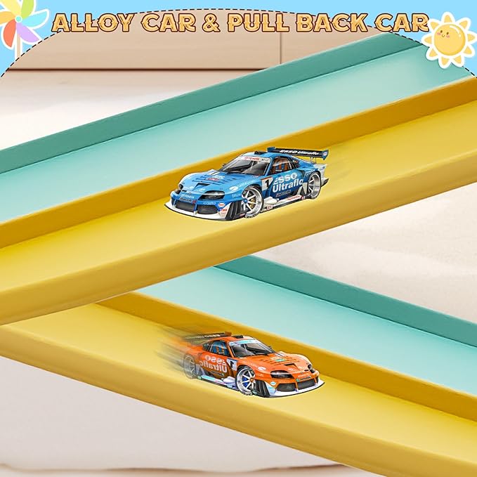 Flex Tracks 15 Ft for Kids Starter Set, Flexible Race Car Ramp Track with Suction Cups Compatible with Diecast 1/64th Cars for Ages 3 & Up (Daytona Blue & Yellow)