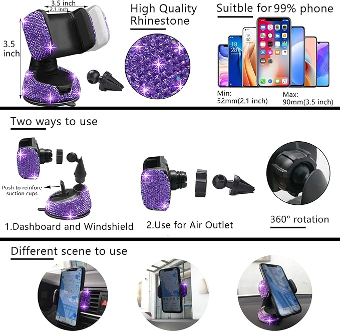 NBTEPEM 27 PCs Purple Violet Bling Car Accessories Set for Women, Steering Wheel Covers Universal Fit 15 Inch, Bling License Plate Frame, Bling Phone Holder, Bling Car Coasters