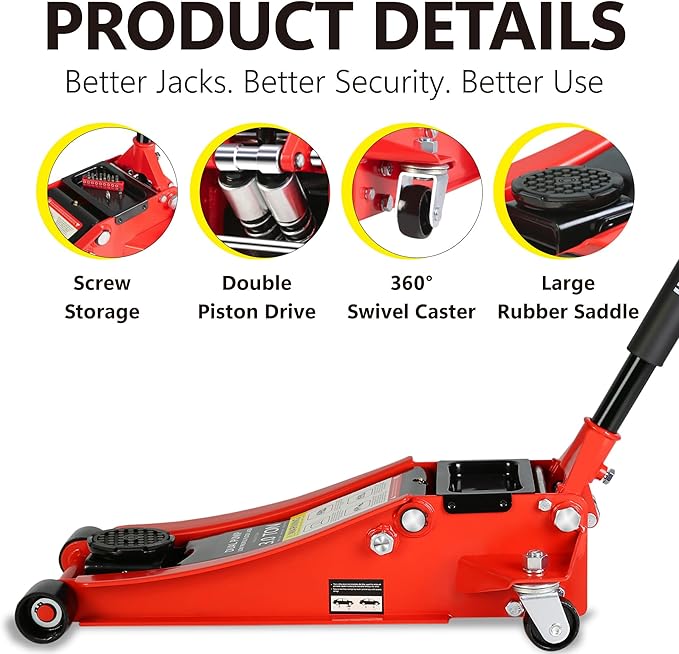 Pro Steel 3 Ton Low Profile Racing Floor Jack - Dual Pistons Quick Lift Pump, Red Heavy Duty Hydraulic Jack, 3.3"-18.5" Lift Range, 6600 lb Capacity
