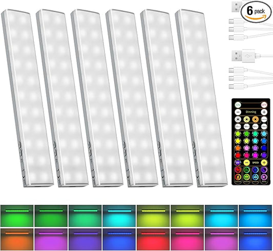 EZVALO 80RGB Color Changing Under Cabinet Lighting Wireless, 1800mAh Rechargeable Led Strip Shelf Lights, Timer & Dimmable Bar Light with Remote for Kitchen, Bedroom, Display Case, Car, 6Pack