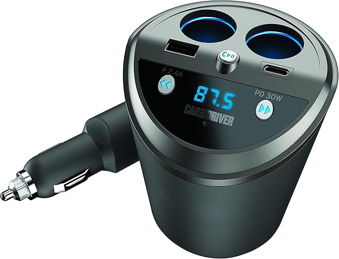 Car and Driver Smart FM Transmitter Bluetooth Cup Holder, Compatible with Alexa, Siri, and Google Assistant for Car, Dual USB-A and USB-C PD Fast-Charging Ports and Cigarette Lighter 12V Power Sockets