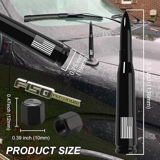 Car Truck Antenna with Tire Valve Caps American Flag Universal Short Replacement for GMC Sierra Chevy Silverado Dodge Ram 1500 2500 3500 Ford F150 F250 F350 Super Duty Raptor Radio Accessories, Black