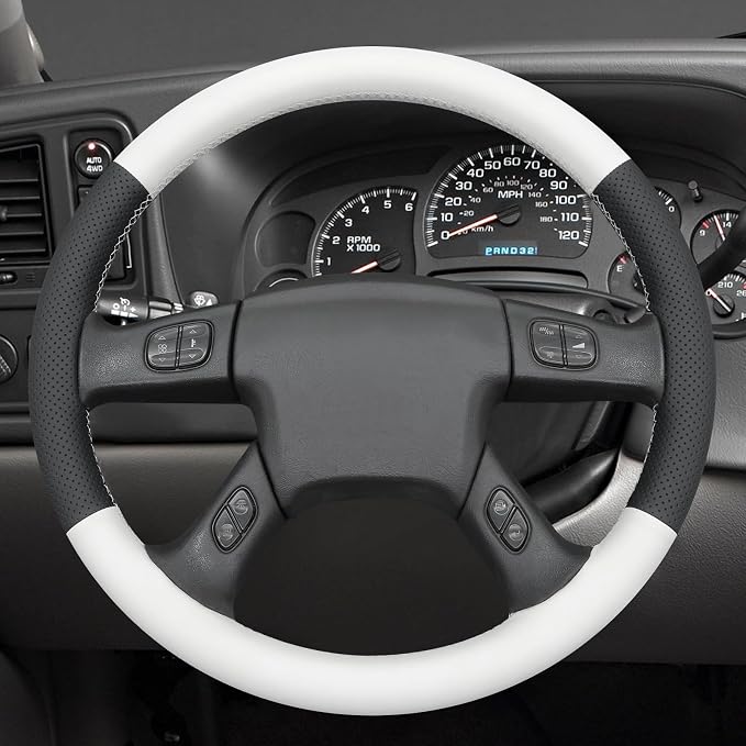 MEWANT Hand-Stitched Steering Wheel Cover for Chevy Silverado 1500 2003-2006 Trailblazer Black White Faux Leather Wrap