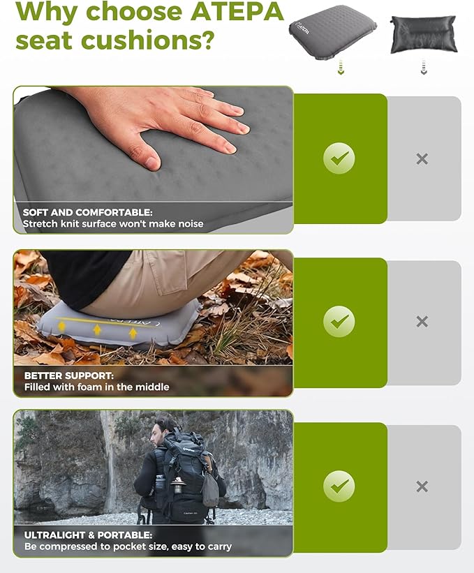 ATEPA Inflatable Seat Cushion, Compact Self-Inflating Seat Cushion for Stadium Airplane Air Travel Bleacher Camping, Blow Up Foam Seat Pad for Outdoor Sports Events Backpacking Hiking Sitting