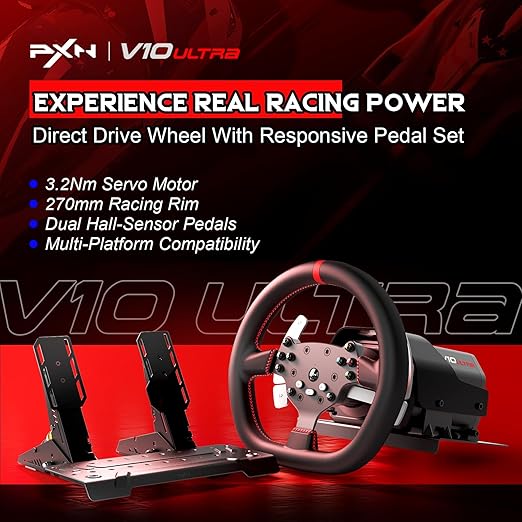 PXN - V10 Ultra Gaming Steering Wheel & Pedals, 3.2Nm Direct Drive Force Feedback, 4 Paddle Shifters, Hall Effect Pedals, 10.6-inch Racing Wheel Rim, Sim Racing Setup for Xbox, PS4, and PC