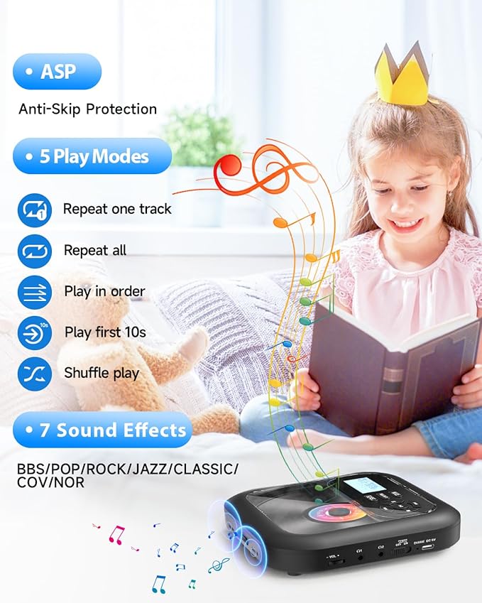Portable-CD-Player with Bluetooth - Rechargeable with FM Transmitter, Dual Speakers, Headphones and AUX Use for Car Travel Home