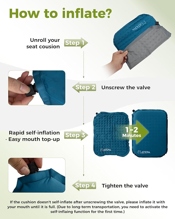 ATEPA Inflatable Seat Cushion, Compact Self-Inflating Seat Cushion for Stadium Airplane Air Travel Bleacher Camping, Blow Up Foam Seat Pad for Outdoor Sports Events Backpacking Hiking Sitting