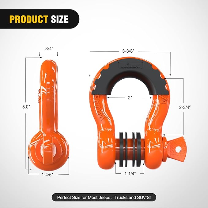 Nilight 2 Pack 3/4" D-Ring Shackle 4.75 Ton (9500 Lbs) Capacity with 7/8" Pin Heavy Duty Off Road Recovery with Isolators & Washer Kit for Jeep Truck Vehicle, Orange (90051B)