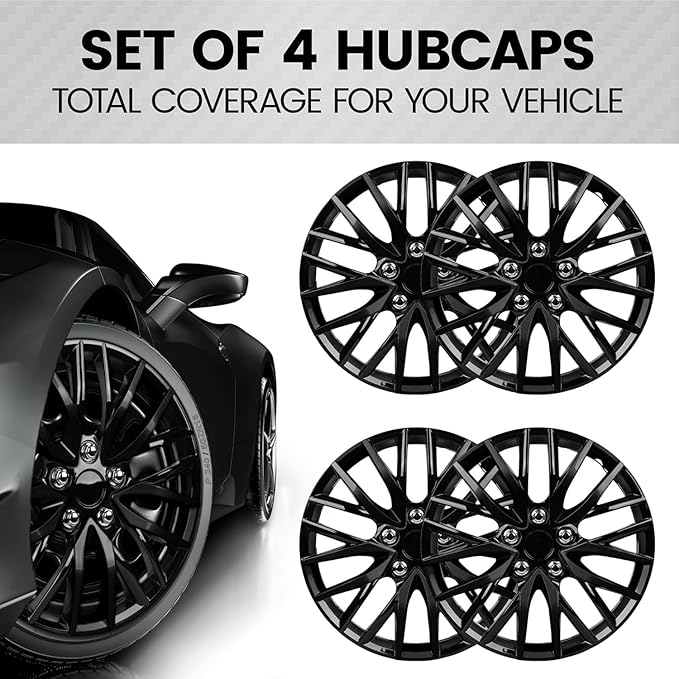 BDK (4-Pack) Premium Black Hubcaps 16" Wheel Rim Cover Hub Caps OEM Style Direct Replacement Snap On Car Truck SUV Van - 16 Inch, Set of 4