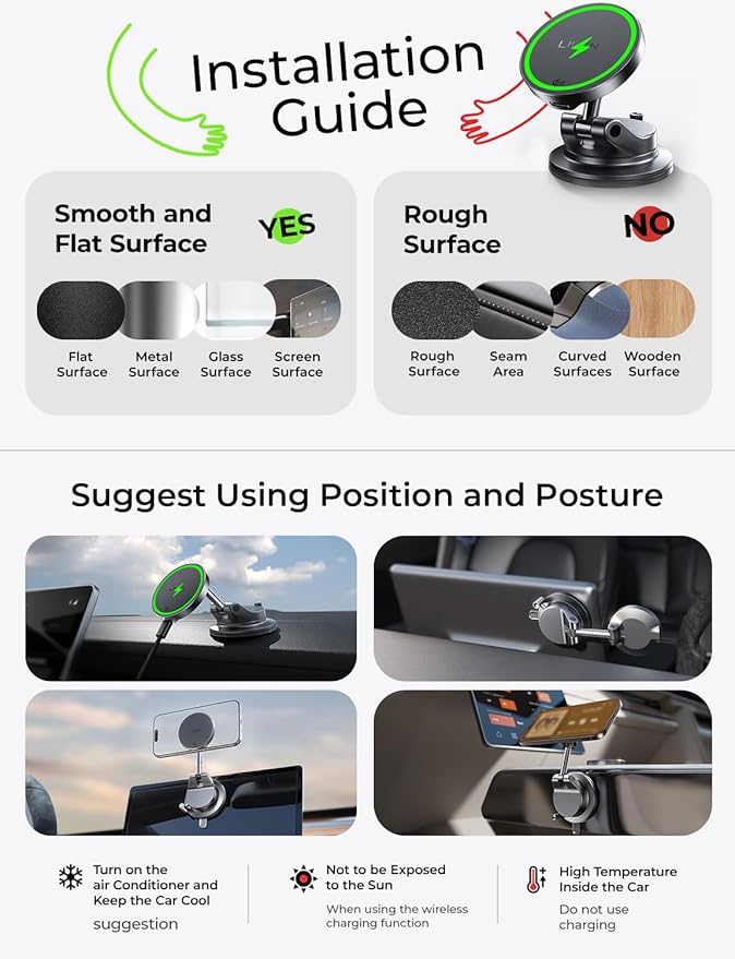 LISEN Qi2.2 25W MagSafe Car Mount Charger, Magnetic Wireless Car Charger with 54W Adapter, Magnetic Phone Holder for Car, iPhone Car Mount, Vacuum Suction Cup Phone Mount for iPhone 17 16 15 14 13 12