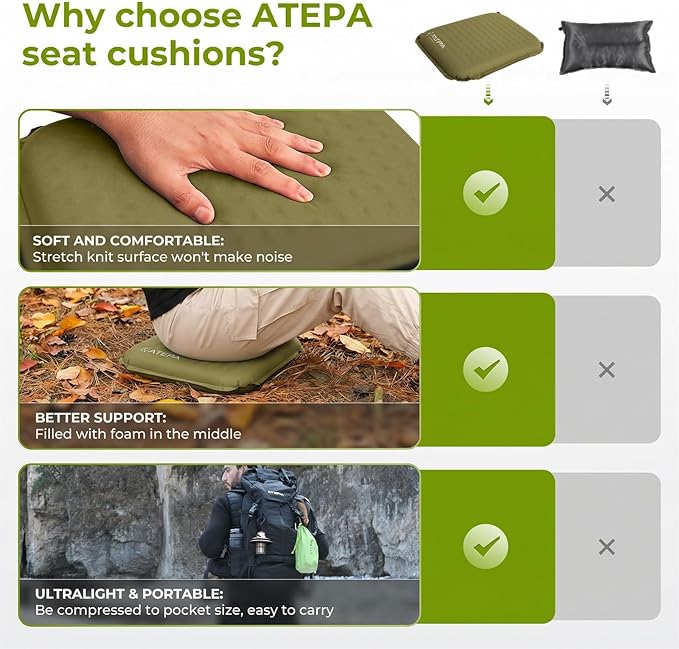 ATEPA Inflatable Seat Cushion, Compact Self-Inflating Seat Cushion for Stadium Airplane Air Travel Bleacher Camping, Blow Up Foam Seat Pad for Outdoor Sports Events Backpacking Hiking Sitting