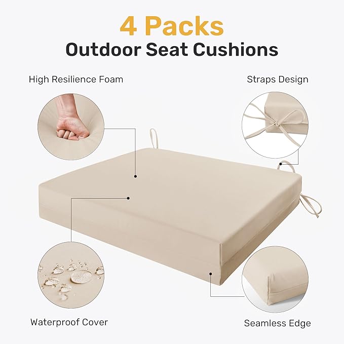 UNIKOME Outdoor Chair Cushions Pack of 4, Water Resistant Patio Cushions with Ties, High Density Sponge Filling Square Corner Seat Cushions for Outdoor Furniture, 18.5"*16"*3", Beige