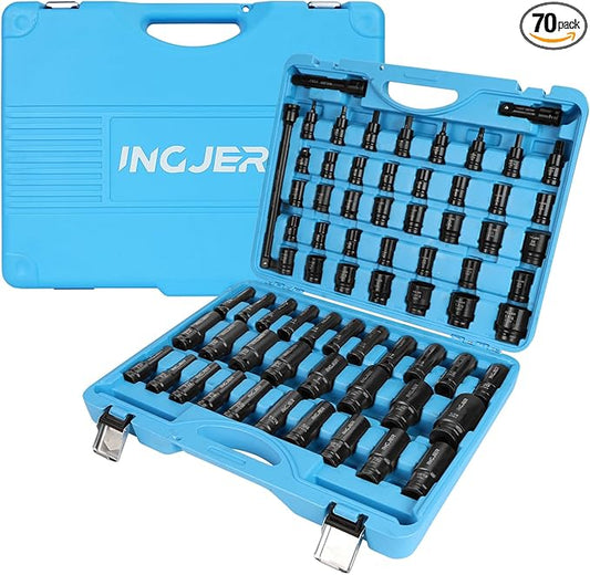 1/2" Drive Impact Socket Set, 70 Piece SAE 3/8" to 1-1/4" and Metric 10-24mm, 6 Point Cr-MO Alloy Steel for Auto Repair, Easy-to-Read Size Markings, Rugged Construction, Storage Case