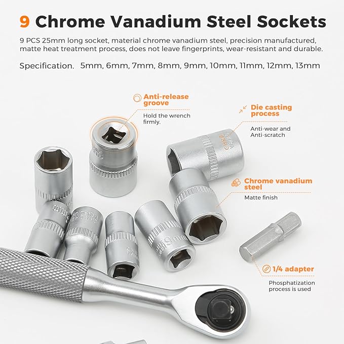 42-in-1 Screwdriver Set Drive Socket Ratchet Wrench Magnetic S2 Bits, 70N.m Household Tool Repairing Kit for Bike, Ebike, Motorbike, Automobile, Furniture, Machinery Service Kit