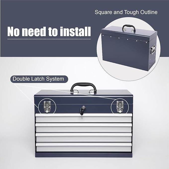 21" Portable 4 Drawer Steel Toolbox, 5 Layers of Tools with Metal Latches, with Top Storage Tray and Carrying Handle, Multi-Function Tool Chest for Garage, Home,or Workbench（grey）
