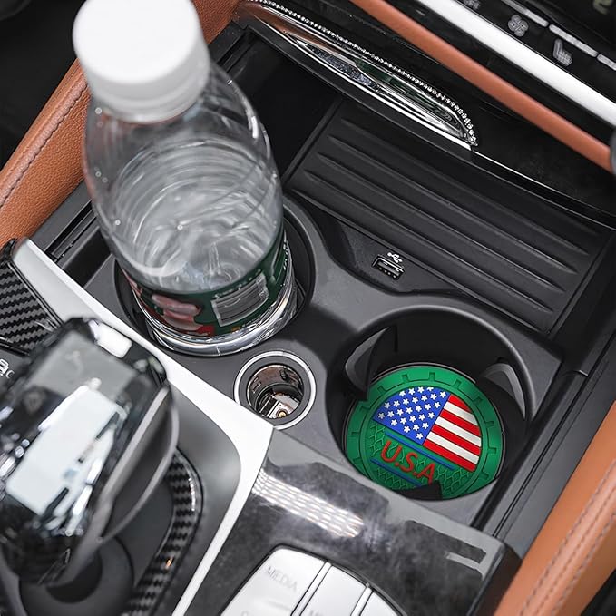 AUCELI 2 Pack Car Cup Holder Coasters, Colored American Flag US Flag Insert Car Cup Coaster, 2.75 Inch Anti Slip Shockproof Embedded Drink Mat, Vehicle Interior Decor Accessories