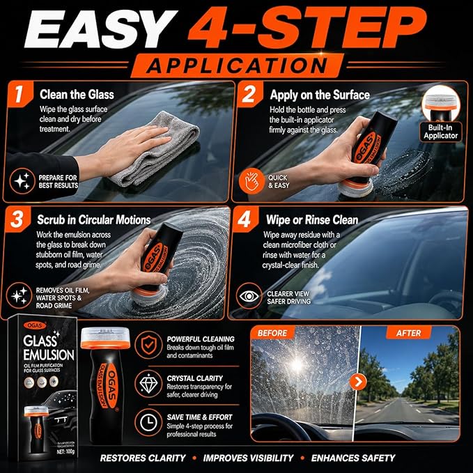 Glass Oil Film Remover for Car, 100ml Roll-On Glass Compound with Cleaning Board, Removes Oil Film & Smudges, Improve Windshield Clarity for Safe Driving