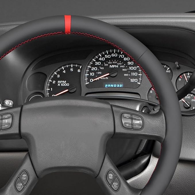 MEWANT Hand Stitched Steering Wheel Cover for Chevy Silverado 1500 2003-2006 Black Smooth Real Leather Steering Wrap