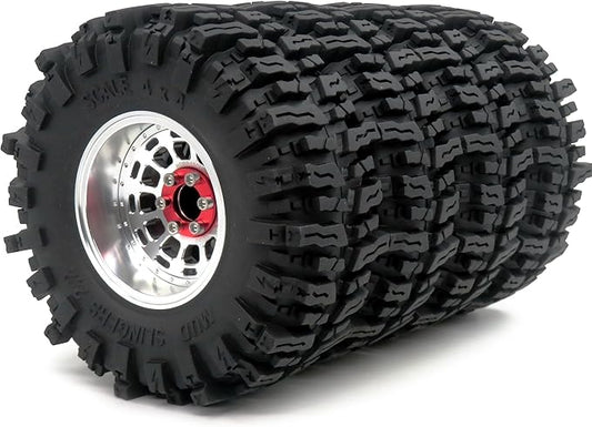 HOBBYSOUL RC 2.2 Beadlock wheels and tires, 124mm Tall 2.2 Mud Slingers Tires & Adjustable Offset 2.2 Wheels Rims Silver For RC Mud Crawler Trail Gen8 Everest 10 Axial Capra Wraith, (4-Pack)