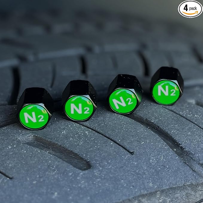TACTILIAN N2 Nitrogen Tire Valve Caps | Leakproof Aluminum Tire Valve Stem Caps Green with Rubber O-Rings for Nitrogen Filled Tires | N2 Tire Valve Caps Green 4 Pack