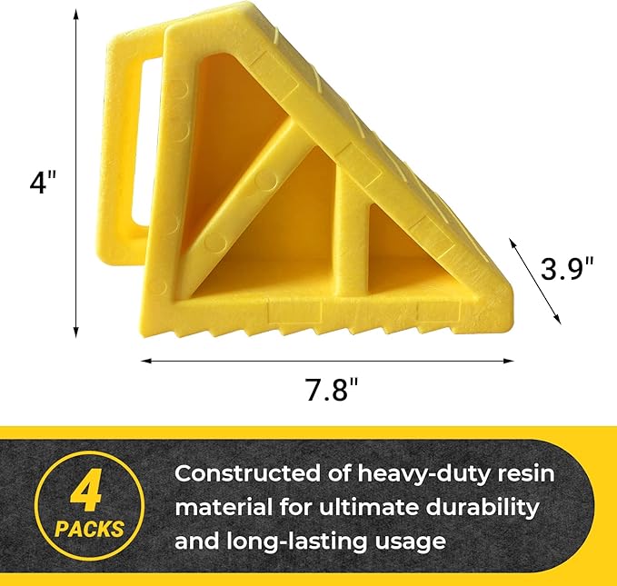 HOXWELL Wheel Chocks Premium, Heavy Duty Camper Vehicle Wedge Design with Black Rubber Bottom Chocks for Travel Trailers, Truck, Car, RV Yellow 4 Pcs