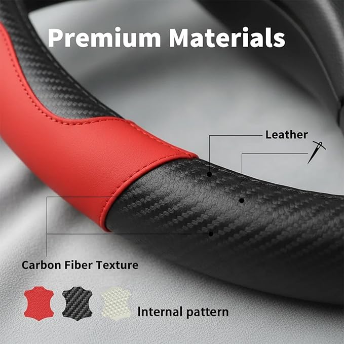 18 Inch Semi Truck Steering Wheel Cover - Carbon Fiber Pattern & Faux Leather, Anti-Slip Grip, Breathable Comfort for Long-Haul Drivers - Black Red