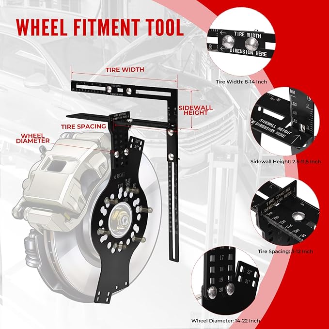 6-Lug Wheel Fitment Tool, Wheel Offset & Backspacing Measuring Tool, Simulates 14-22" Rim Diameter, 8-14" Tire Width, 2.5-11.5" Sidewall, 3-12" Clearance