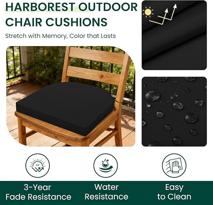 HARBOREST Outdoor Chair Cushions Set of 4, Water Resistant Patio Chair Cushions with Ties, Outdoor Seat Cushions for Patio Furniture, 17"x16"x2", Black