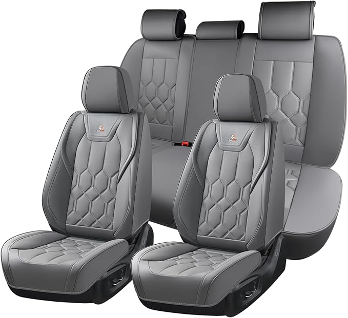 Huidasource Seat Covers Full Set, Universal Fit for Most Cars SUVs Trucks, Full Coverage Waterproof Leather Car Seat Cover, Airbag, Cupholder Compatible, Seat Function Retain, Velcro Adjustable, Gray