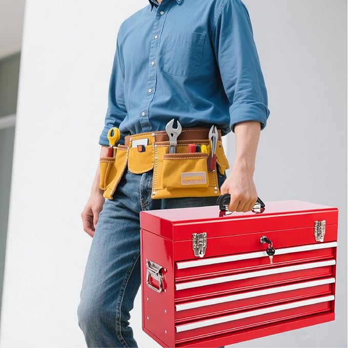 21" Portable 4 Drawer Steel Toolbox, 5 Layers of Tools with Metal Latches, with Top Storage Tray and Carrying Handle, Multi-Function Tool Chest for Garage, Home,or Workbench（red）