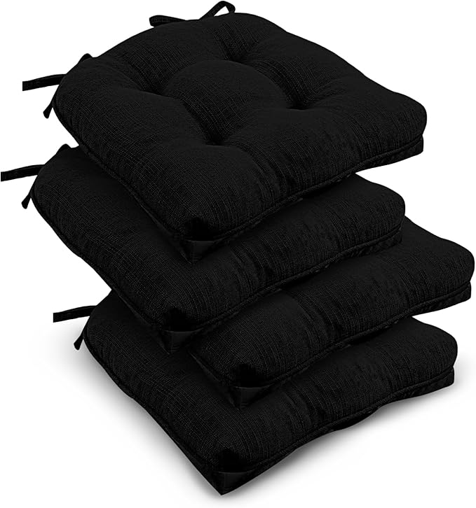 downluxe Indoor Chair Cushions for Dining Chairs, Tufted Overstuffed Textured Foam Kitchen Chair Pads with Ties and Non-Slip Backing, 15.5" x 15.5" x 4", Black, 4 Pack