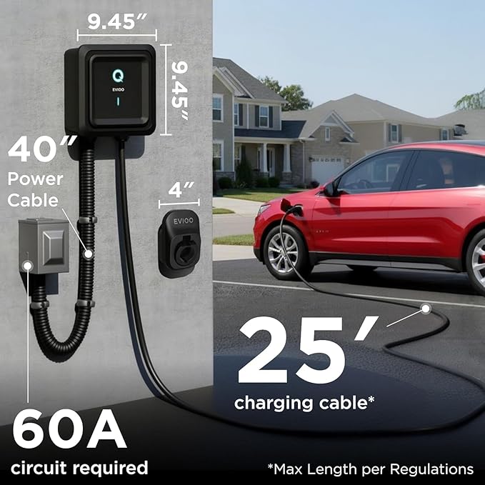 EVIQO Level 2 EV Charger, 48 Amp 240V, J1772 Charger for Non-Tesla EVs, 25ft Cable, WiFi (2.4GHz) Smart App, Weatherproof Indoor/Outdoor (IP66, NEMA 4), UL & ETL Certified, Hardwired, 11.5kW