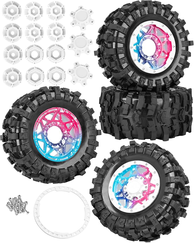 1/10 Scale RC Truck Tires,Wheels and Tires w/12MM/14MM Hex for Rustler Stampede Hoss, Granite Vorteks Big Rock 3S,1/10 Off Road Tires Rubber Truck Tyres w/Foam Insert,Multicolored