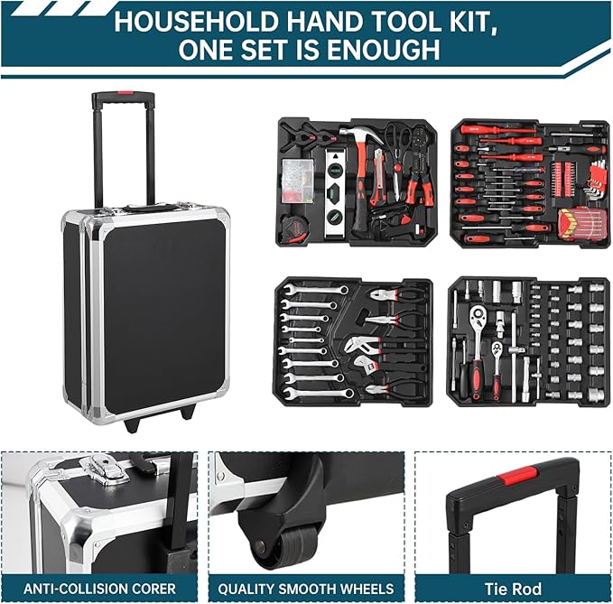 800-Piece Mechanics Tool Set with Rolling Aluminum Case, Complete Socket & Wrench Kit with Hand Tools, Portable Garage Tool Box for Auto Repair, Home Maintenance, DIY Projects & Garden Work