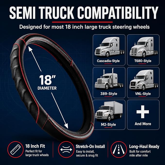 18 Inch Semi Truck Steering Wheel Cover for Freightliner Cascadia, Kenworth T680 T880, Peterbilt 579, Volvo VNL - Anti-Slip Carbon Fiber Grip - Carbon Red