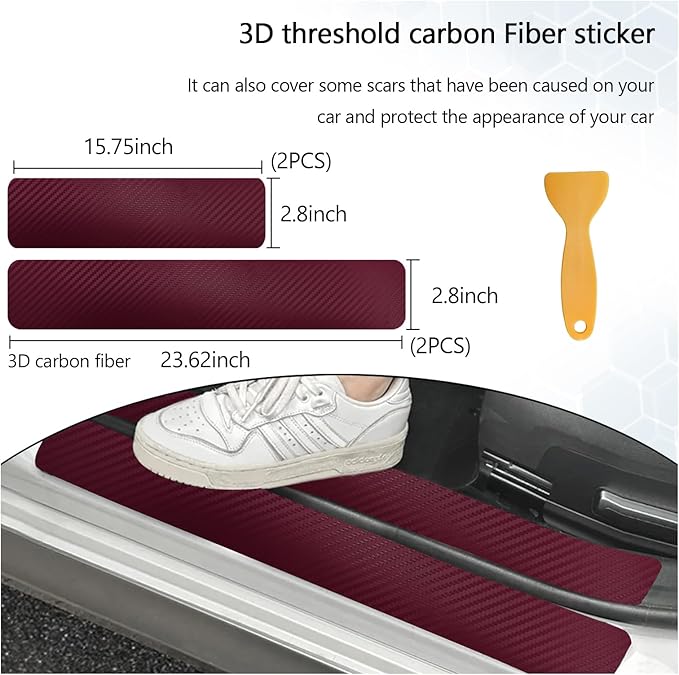 Dickno 4 PCS Car Door Sill Protector, 3D Carbon Fiber Auto Door Entry Edge Guard Protection Trim, Anti-Scratch Threshold Cover Strips, Sill Protection Sticker for Car SUV Truck (Wine Red)