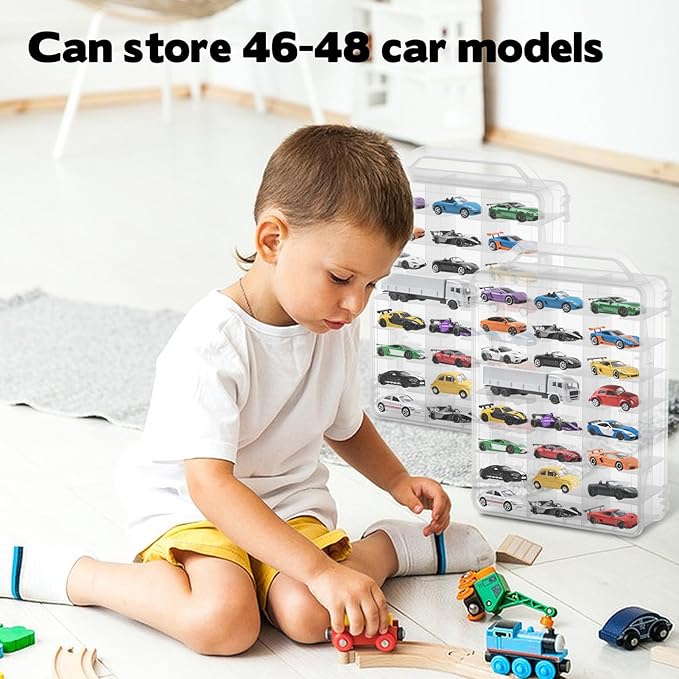 2Pcs Double Sided 1/64 Scale Toy Car Storage Case with Carrying Handle, Portable Transparent Storage Case Compatible with Matchbox Car Hot Wheels, 92 Slot Transparent Organizer for 96 Toy Cars