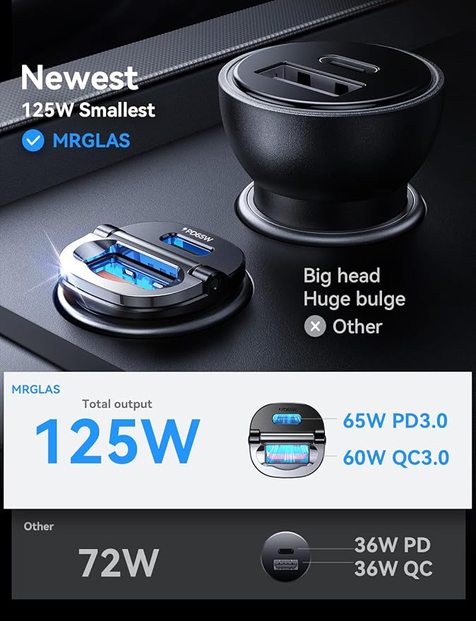 MRGLAS [2-Pack] 125W USB C Car Charger, Mini Metal USB C Car Adapter Fast Charging PD65W & QC60W Dual Port Type C Cigarette Lighter USB Charger for iPhone 17 16 15 14 Pro Max Air iPad Samsung MacBook