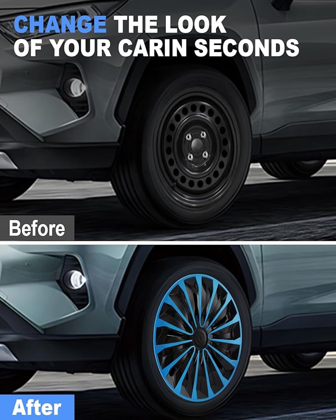 ABX Hubcap Wheel Covers Hub Caps 15 Inch Set of 4 Black & Blue Universal Wheel Rim Cover R15 Stylish Car Decor Wheel Covers for Toyota Camry Nissan Mazda (TT Black & Blue, 15 inch)