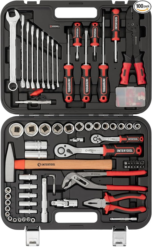 INTERTOOL Metric Tool Set, 100-Piece, 1/4” & 1/2” Drive Sockets, Wrenches, Electrical Tools, Screwdrivers, Bits, Pliers, Hammer, Car, Home, Repair, Mechanic Kit, DIY, Gift ET08-8100
