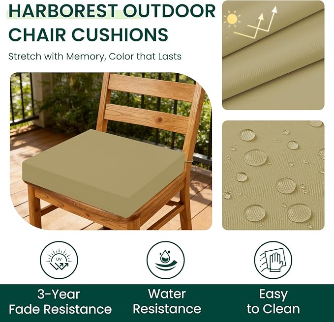 HARBOREST Outdoor Chair Cushions Set of 4, Water Resistant Patio Chair Cushions with Ties, Square Corner Outdoor Seat Cushions for Patio Furniture, 18.5"x16"x3", Khaki