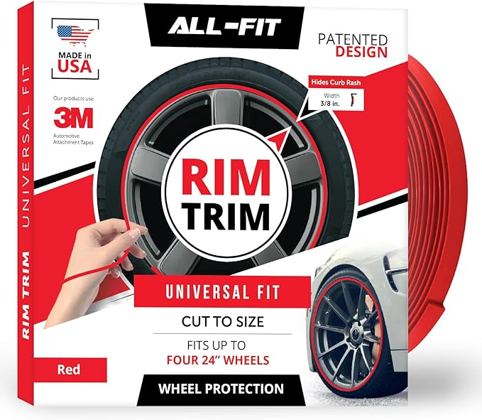 All-Fit Automotive Rim Trim – Durable DIY Car Exterior Accessories for Curb Rash Protection – Fits Up to Four 24” Wheels – Flexible, Durable Wheel Rim Protector (3/8″ width/Red)