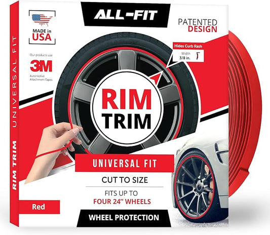 All-Fit Automotive Rim Trim – Durable DIY Car Exterior Accessories for Curb Rash Protection – Fits Up to Four 24” Wheels – Flexible, Durable Wheel Rim Protector (3/8″ width/Red)
