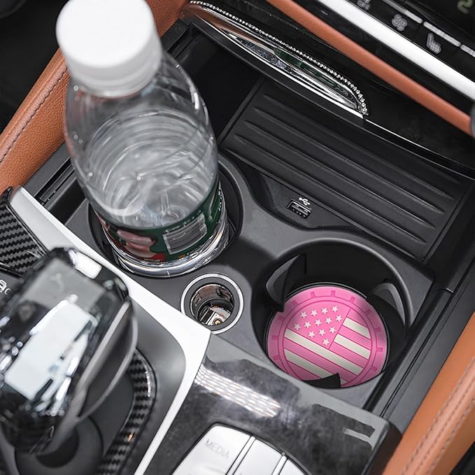 Osilly Car Cup Holder Coasters, 4 Pack American Flag Insert Car Cup Coaster, 2.75 Inch PVC Anti Slip Shockproof Embedded Drink Mat, Car Interior Decoration Accessories for SUV, Truck (Pink)