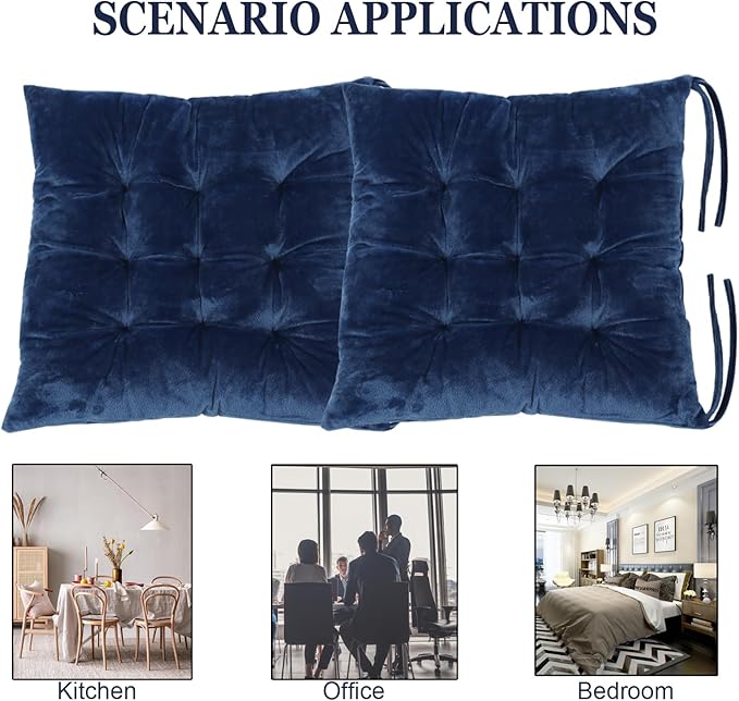 2 Pack Square Seat Cushion Chair Pads for Kitchen Dining Chairs, Soft Comfort Velvet Chair Mat Pillow Cushions with Ties for Office Desk Living Room Tatami 15.5", Blue